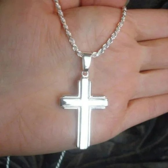 Large Real Solid Sterling Silver Cross Pendant with Rope Chain Stamped 925 Italy - Picture 2 of 4